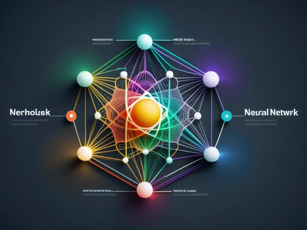 Compleja red neuronal con nodos interconectados y capas, en un diseño moderno