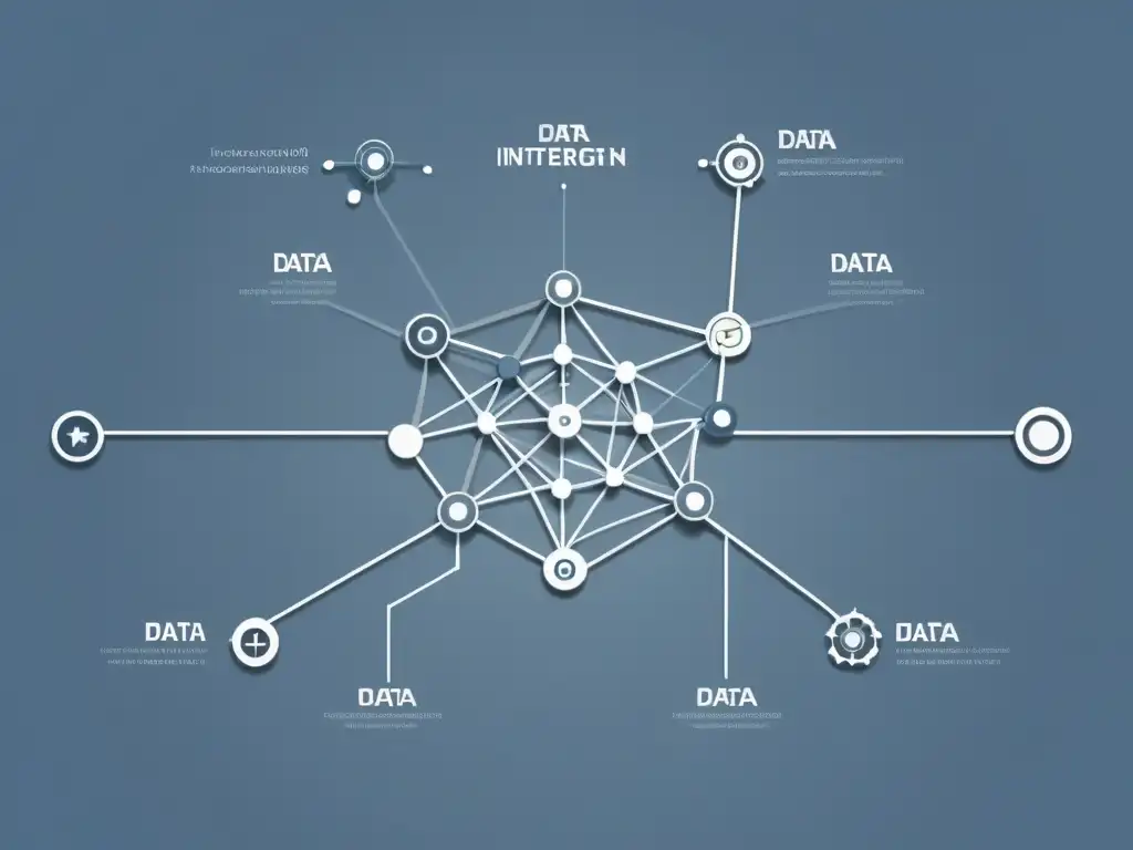 Compleja red de nodos integrados en tonos grises y azules, simbolizando desafíos integración datos análisis holístico