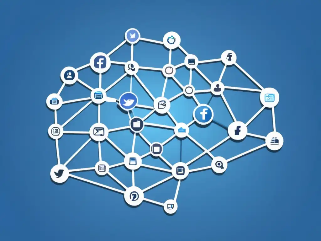 Redes sociales interconectadas en azul: complejidad elegante Compleja red de nodos interconectados en tonos azules, representando plataformas de redes sociales