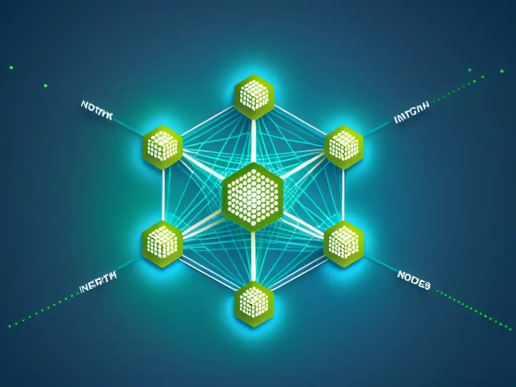 Compleja red de nodos interconectados en azules y verdes, simbolizando el análisis de Big Data en salud pública