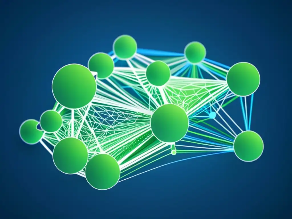 Compleja red de nodos interconectados en tonos de azul y verde, evocando seguridad y sofisticación tecnológica