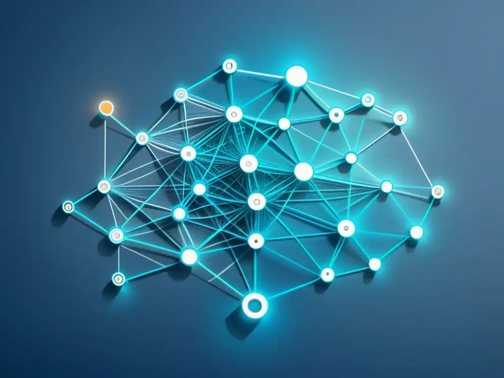 Complejo diagrama de red en 8k con conexiones sociales, IA y procesamiento de datos