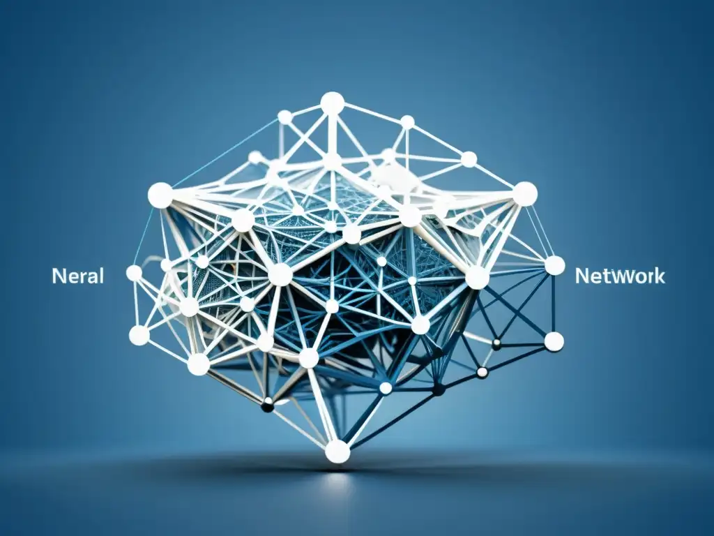 Complejo diagrama de red neuronal en tonos azules y blancos, reflejando la sofisticación de aplicaciones de machine learning en big data