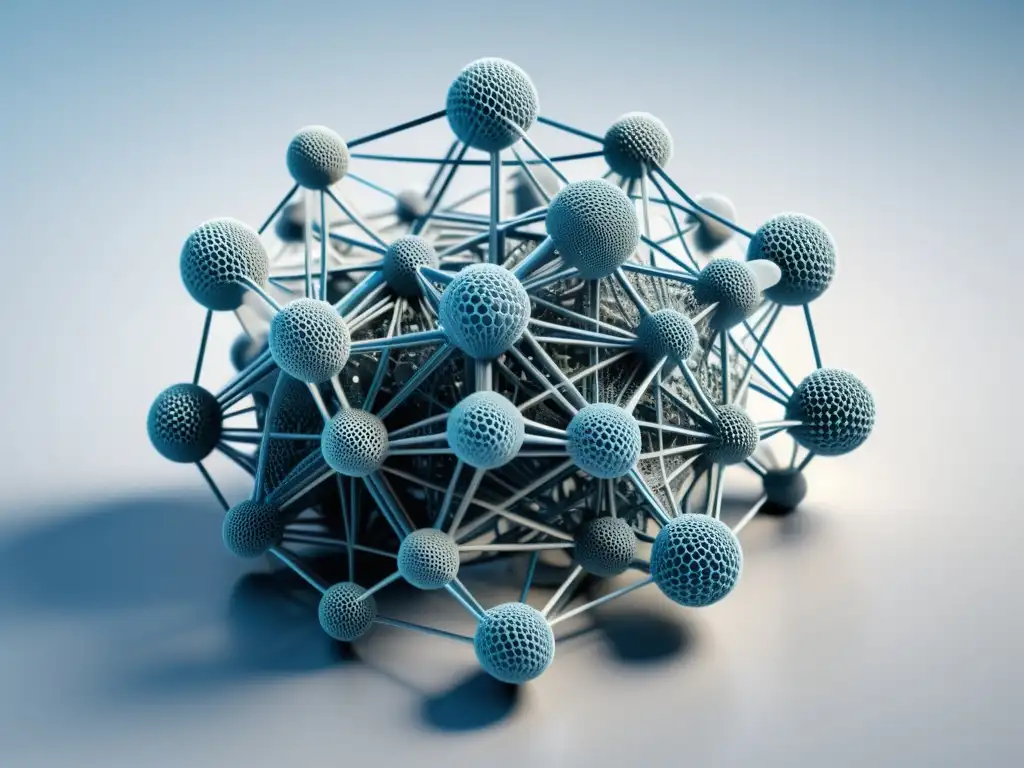 Complejo diagrama de red neuronal en tonos azules y grises sobre fondo blanco, representando aplicaciones de machine learning en big data