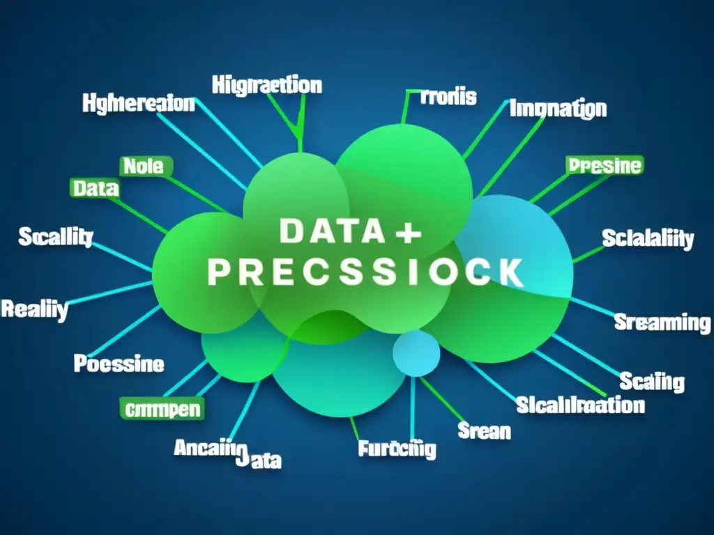 Un complejo y futurista sistema de redes de datos en tonos azules y verdes, con nodos interconectados y líneas elegantes