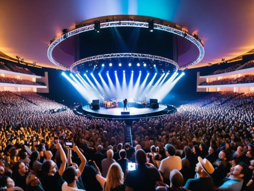 Conciertos en 360 grados con 5G: Escenario vibrante y multitud entregada, fusionando tecnología y música en una atmósfera emocionante