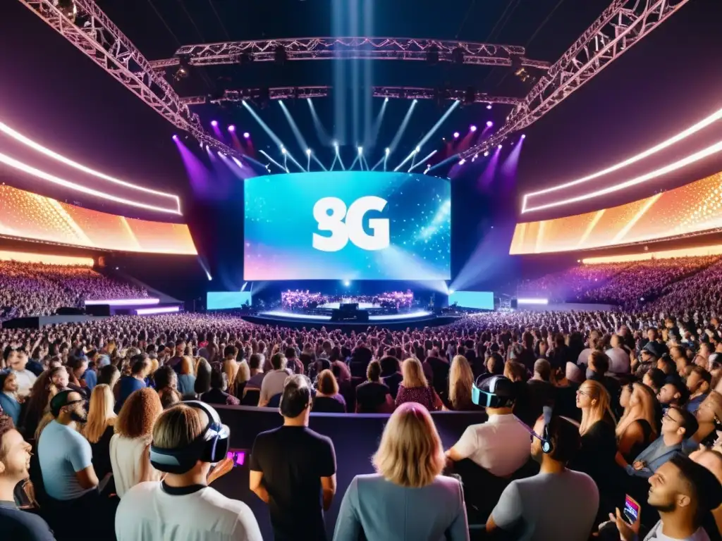 Conciertos en 360 grados con 5G: Imagen detallada de un vibrante concierto lleno de fans entusiastas con auriculares de realidad virtual, destacando la fusión de música en vivo y tecnología de vanguardia