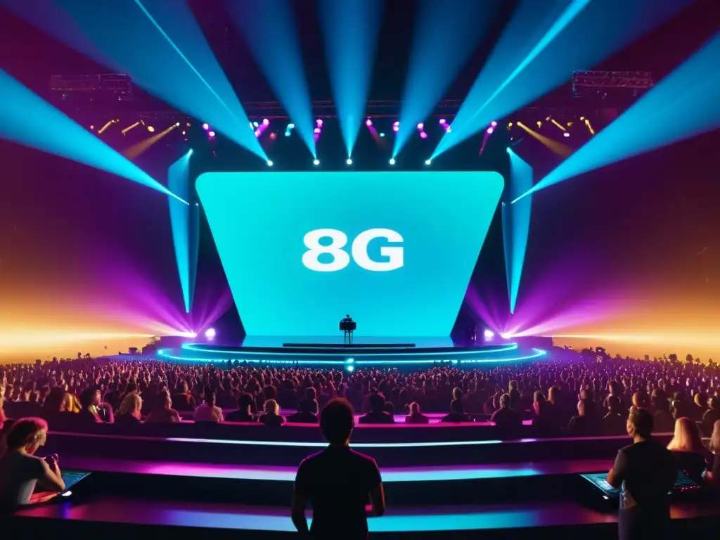 Conciertos virtuales con streaming 5G en una arena futurista con luces vibrantes y avatares digitales