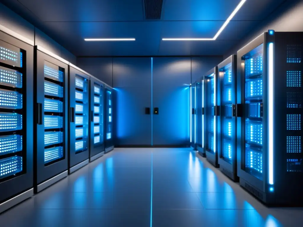 Sala de servidores futurista: eficiencia y seguridad de alta tecnología Configuración de redes seguras: Sala de servidores minimalista con iluminación azul futurista y servidores modernos ordenados en racks