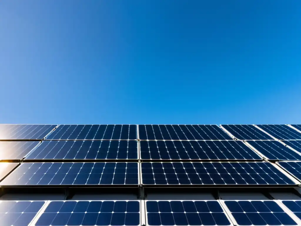 Un conjunto sereno de paneles solares modernos, alineados en filas ordenadas, con el sol brillando sobre ellos en un cielo azul claro