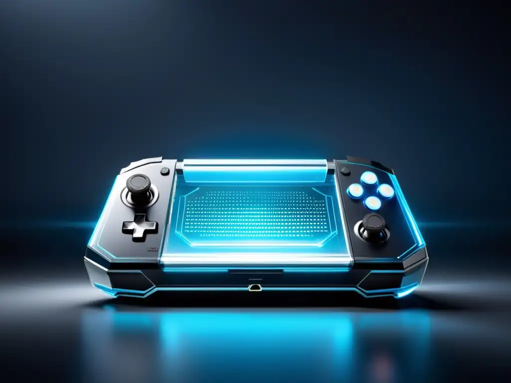 Una consola de juegos futurista con integración de IA en un entorno minimalista y sofisticado, iluminada por un suave resplandor azul