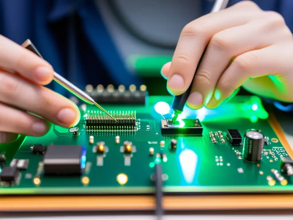 Construcción de robots para educación: Estudiante concentrado soldando componentes electrónicos en placa de circuito