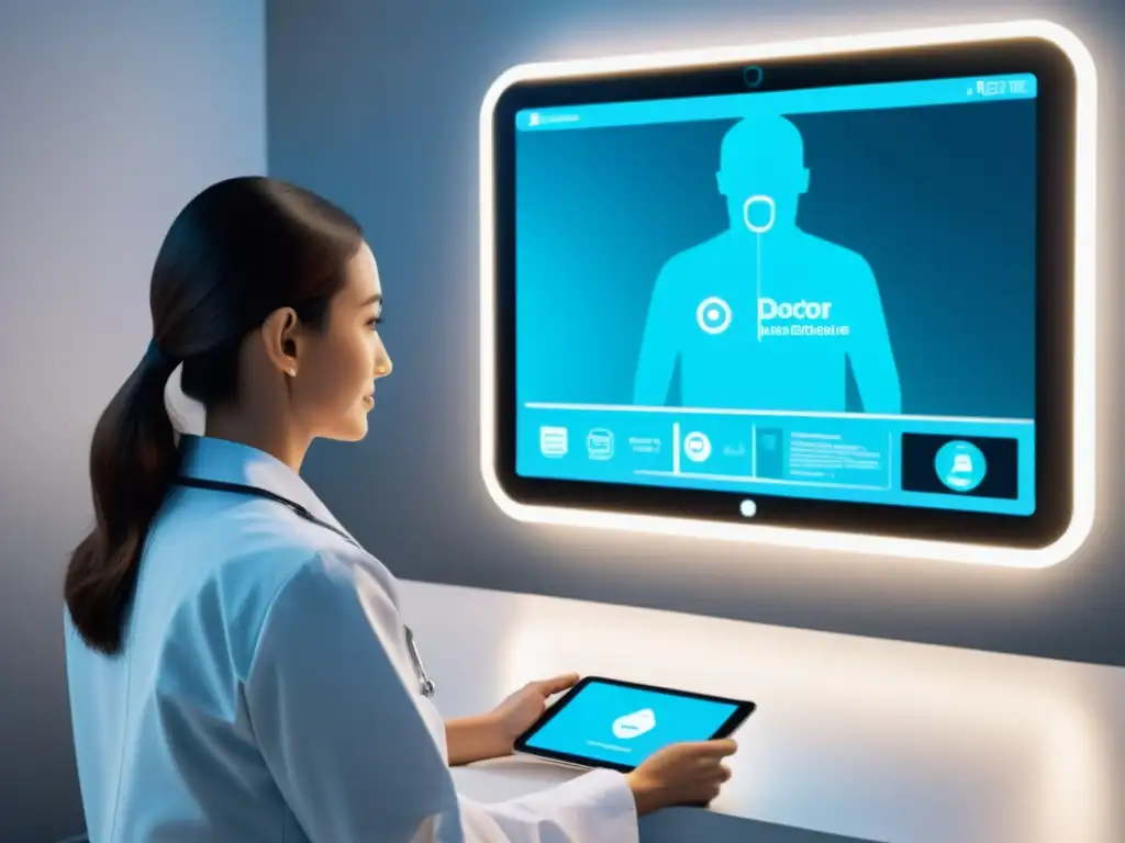 Una consulta de telemedicina futurista con IA en salud: médico y paciente interactúan en una interfaz moderna y profesional