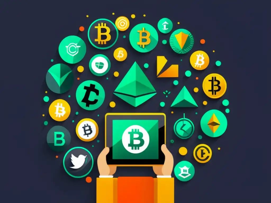 Compra digital rodeada de criptomonedas Un consumidor digital rodeado de símbolos de criptomonedas, realizando una compra con un dispositivo digital