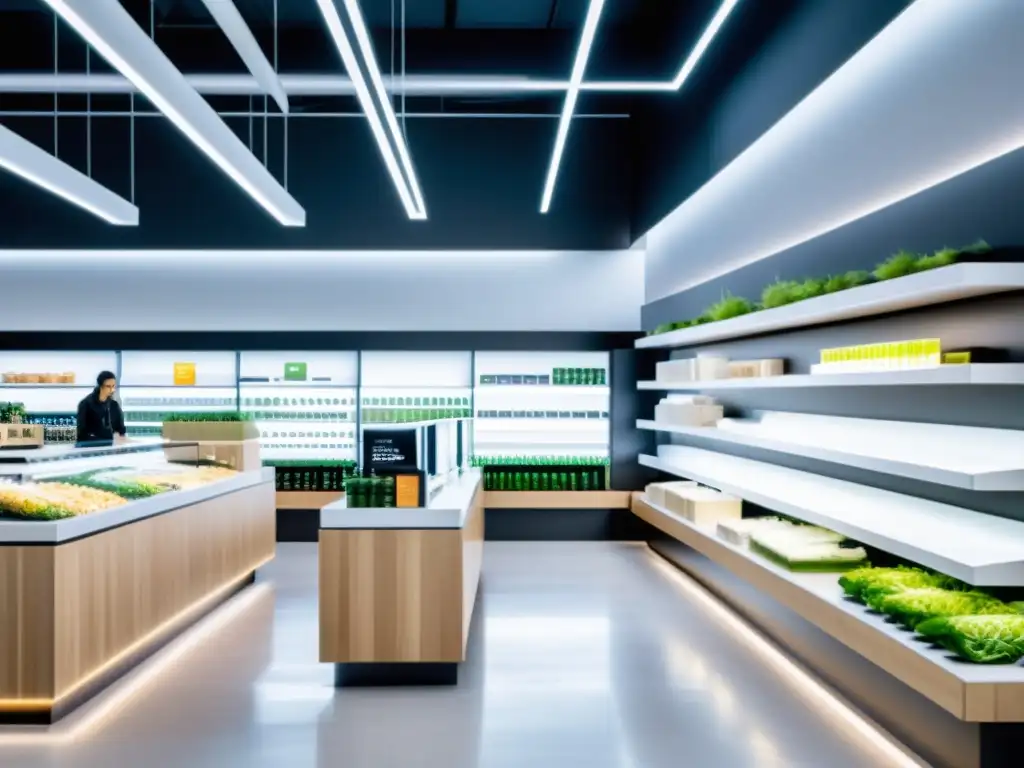 Consumo consciente y eficiente en retail: Tienda minimalista con iluminación LED brillante, displays sostenibles y packaging ecológico