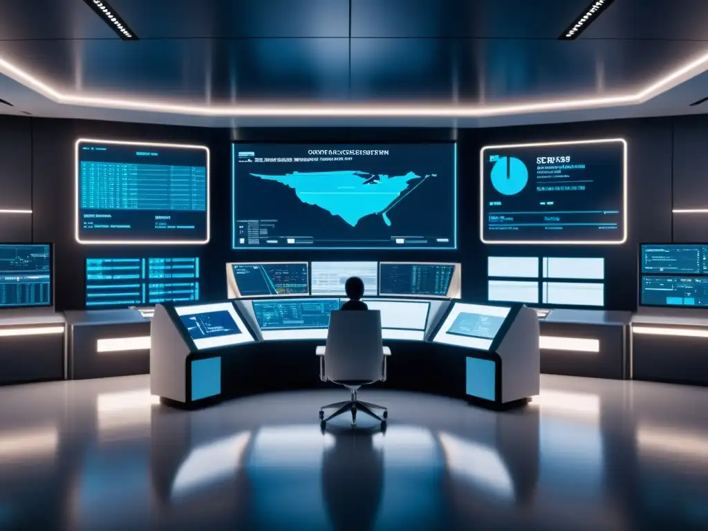 Control room futurista con análisis en tiempo real de Big Data, tecnología avanzada y eficiencia en el procesamiento de datos