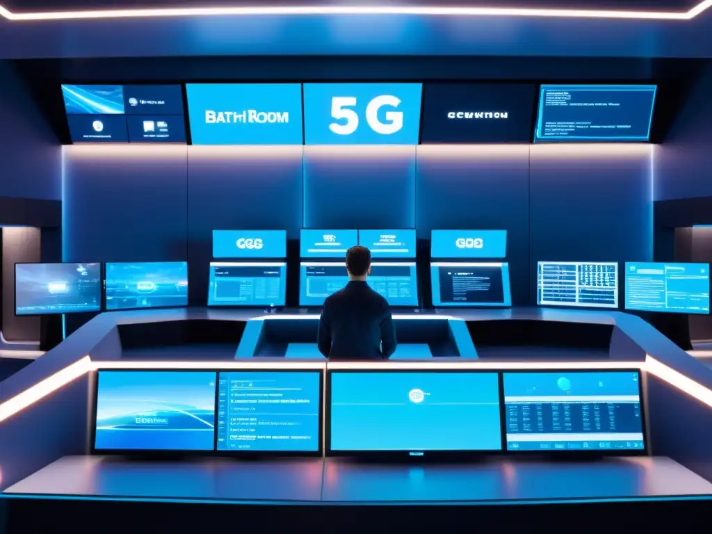 Control room futurista con tecnólogos implementando normativas seguridad nacional 5G en un ambiente profesional e innovador