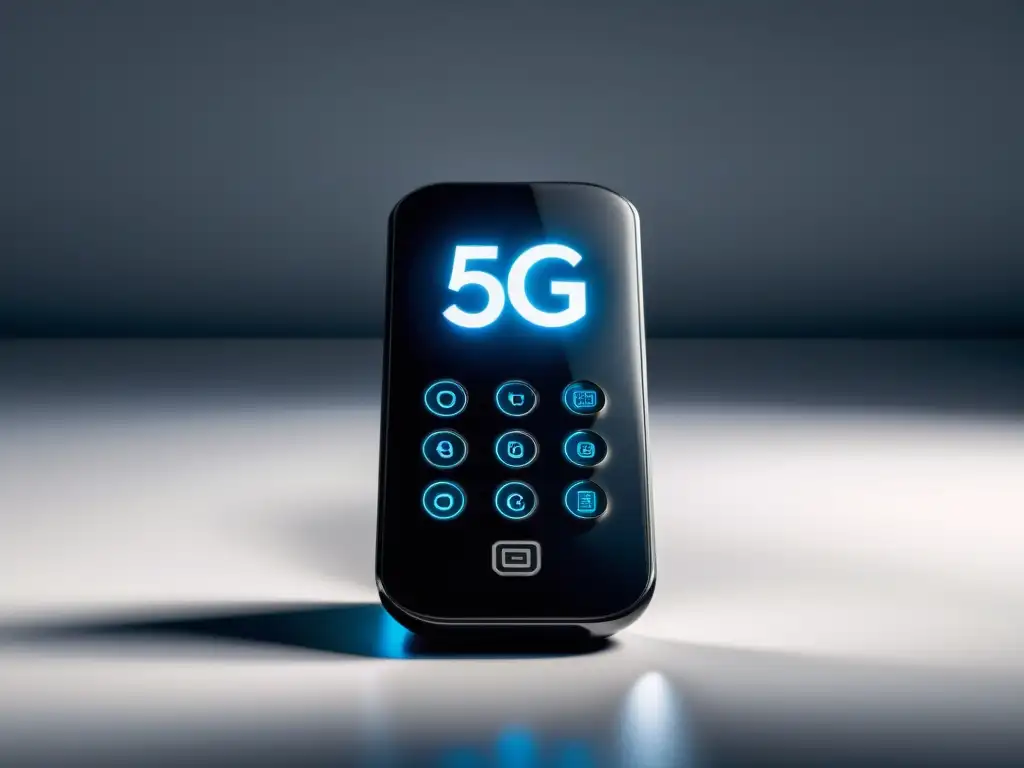 Un control remoto negro y elegante con pantalla digital y símbolo 5G, sobre una superficie blanca futurista con iluminación suave