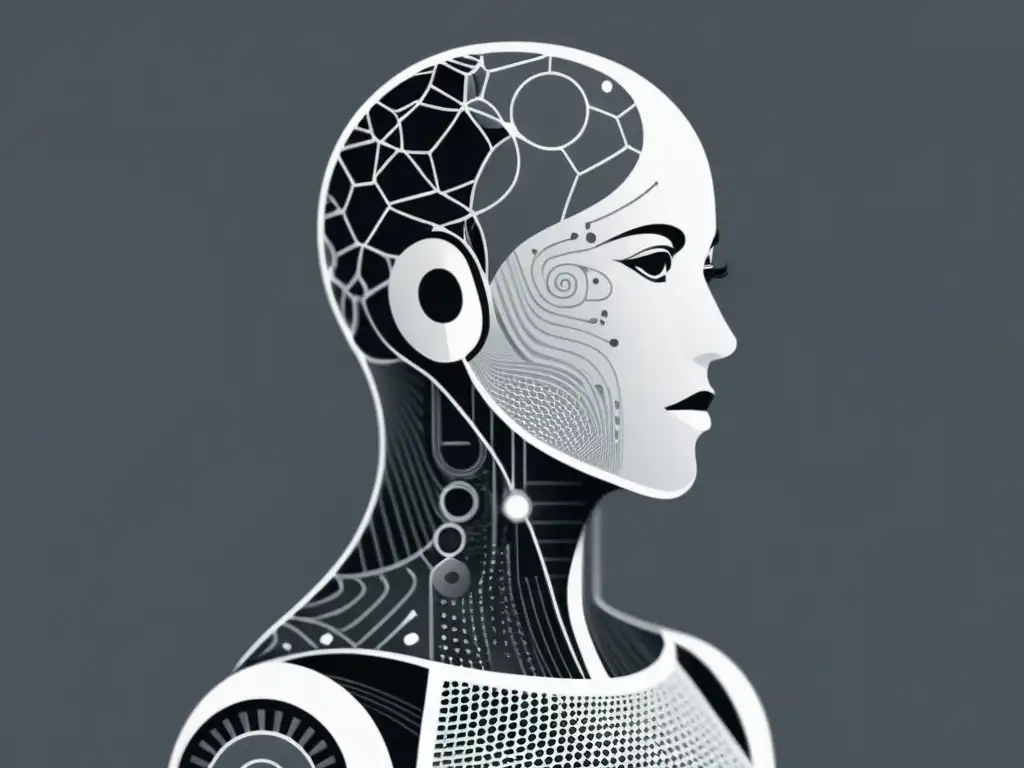 Convergencia de Humanidad e IA: Ilustración sofisticada de fusión entre figura humana y entidad de inteligencia artificial en tonos grises