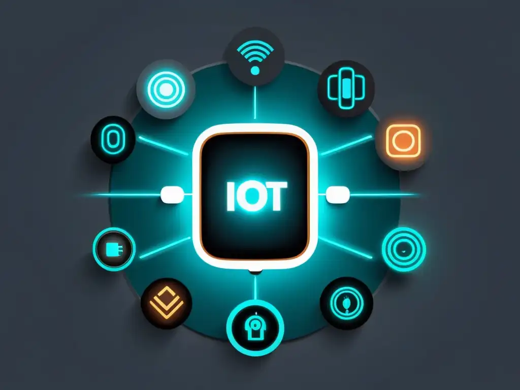 Convergencia IoT y Marketing Digital: Imagen sofisticada de dispositivos interconectados en un patrón simétrico, emitiendo un suave brillo futurista