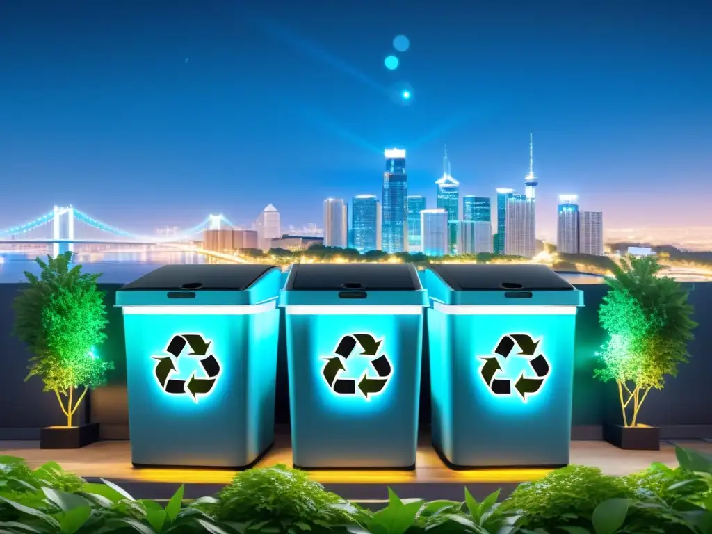 Interconexión de cubos de reciclaje con símbolos blockchain, en una ciudad futurista, simbolizando la gestión de residuos con blockchain