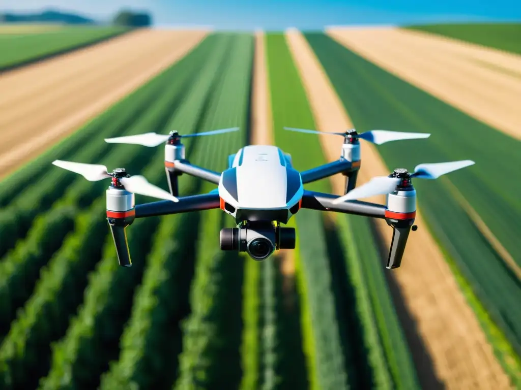 Dron agrícola con IA sobrevolando cultivo verde, proyectando sombra dinámica