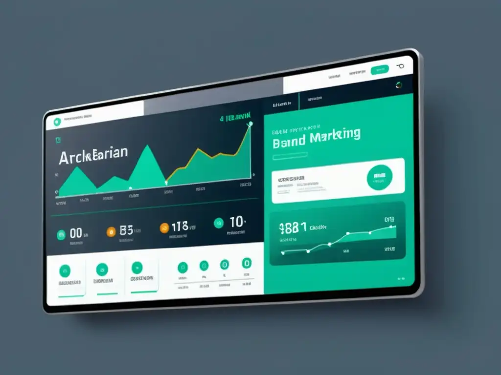 Un dashboard futurista muestra la integración de blockchain en estrategias de marketing de marcas, irradiando innovación