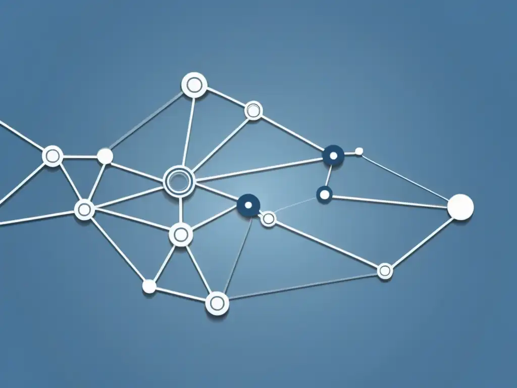 Visualización de datos para fraude: Red de nodos interconectados en tonos azules y grises, con líneas sutiles, elegante y sofisticado