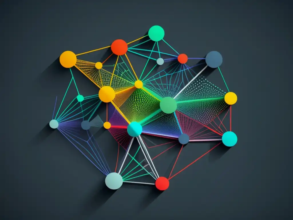 Visualización de datos para fraude: Red de nodos interconectados con colores y grosor de línea variados, revelando relaciones y anomalías