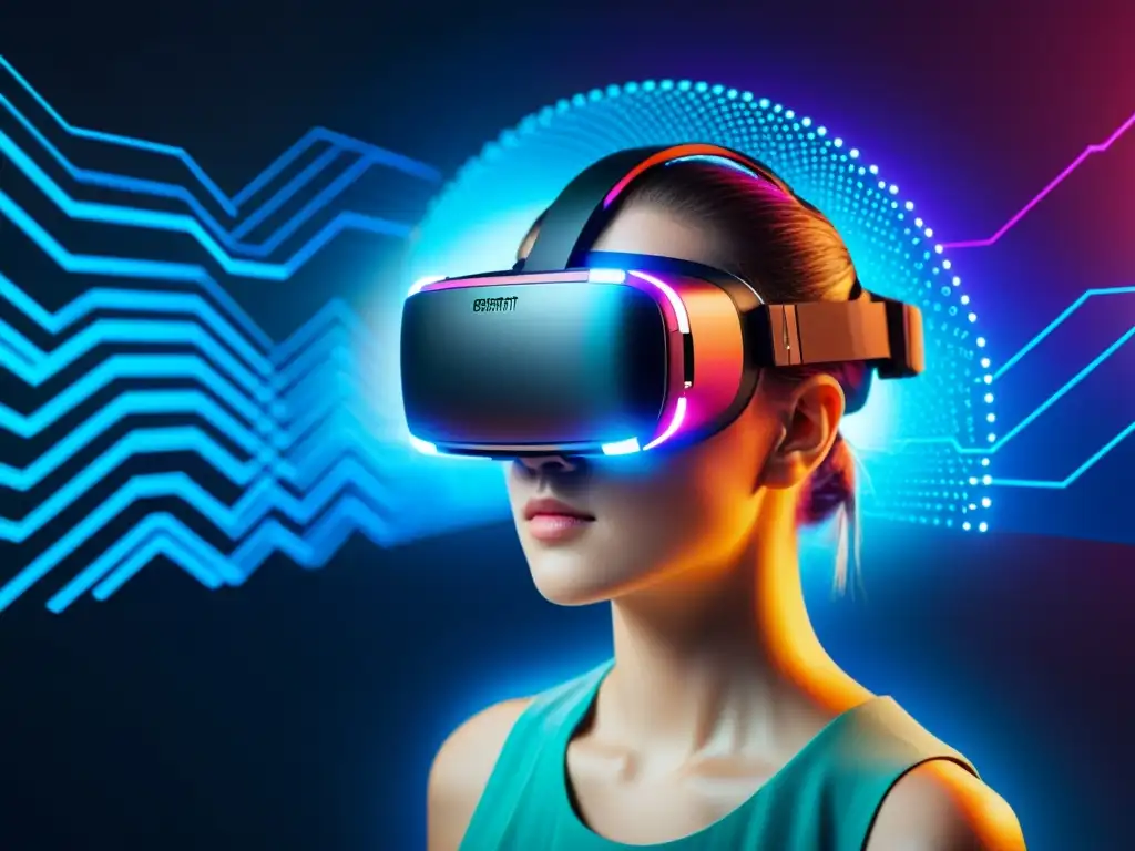 Visualización de datos en realidad virtual: Imagen de un moderno visor con gráficos dinámicos y colores vibrantes en un espacio digital futurista