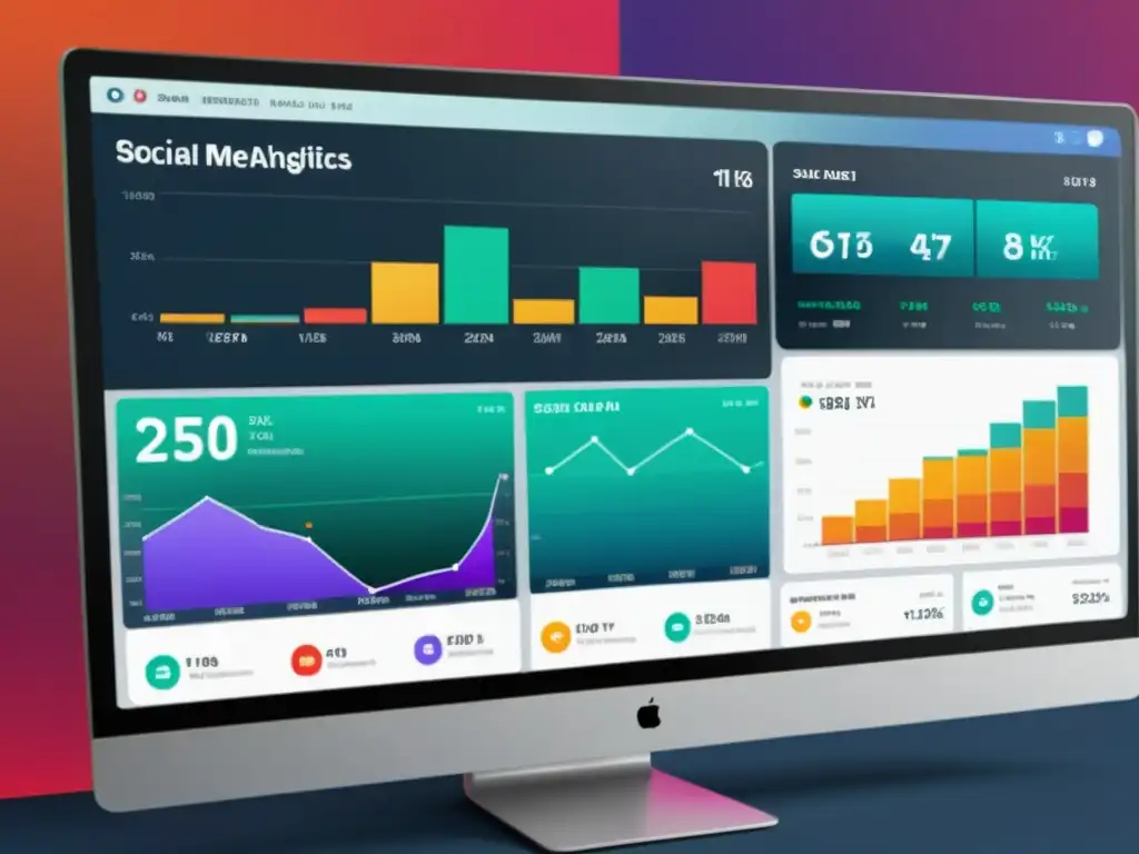 Interpretación de datos en redes sociales: Detallado panel de análisis con gráficos y visualizaciones en una interfaz moderna y vibrante