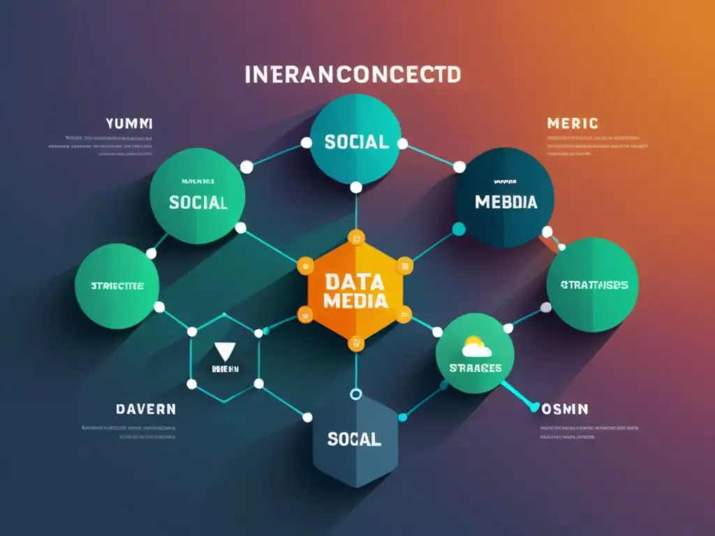 Interpretación de datos en redes sociales: Gráfica minimalista de nodos interconectados y métricas de redes sociales