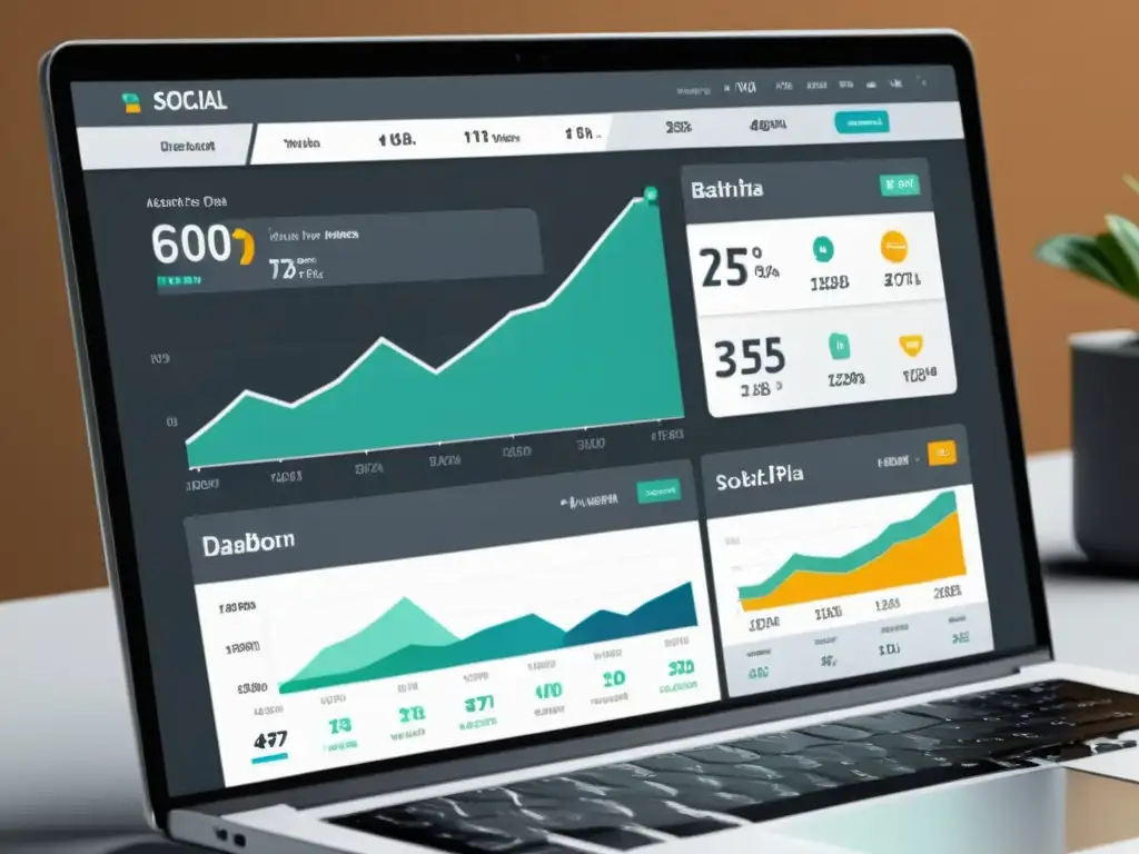 Interpretación de datos en redes sociales: Dashboard minimalista con gráficos detallados y diseño moderno transmitiendo profesionalismo y precisión en análisis de datos