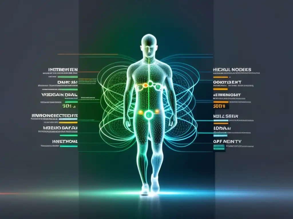 Visualización de datos en salud: Compleja red de nodos interconectados representa indicadores médicos