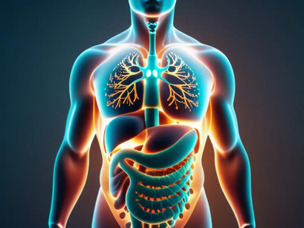 Visualización de datos en salud: cuerpo humano transparente con datos brillantes en órganos internos, evocando tecnología de vanguardia