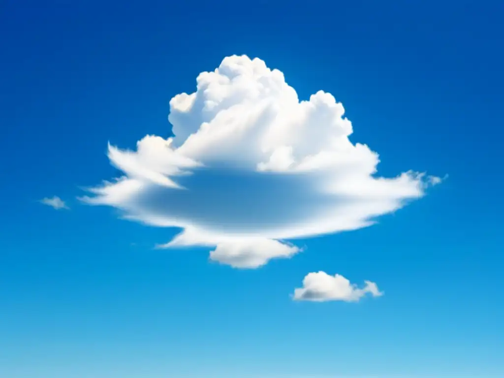 Tranquilidad celeste: una nube flotando en el cielo azul Asegurar datos en servicios nube: Una nube solitaria flota en un cielo azul claro, bañada por suave luz, transmitiendo calma y serenidad
