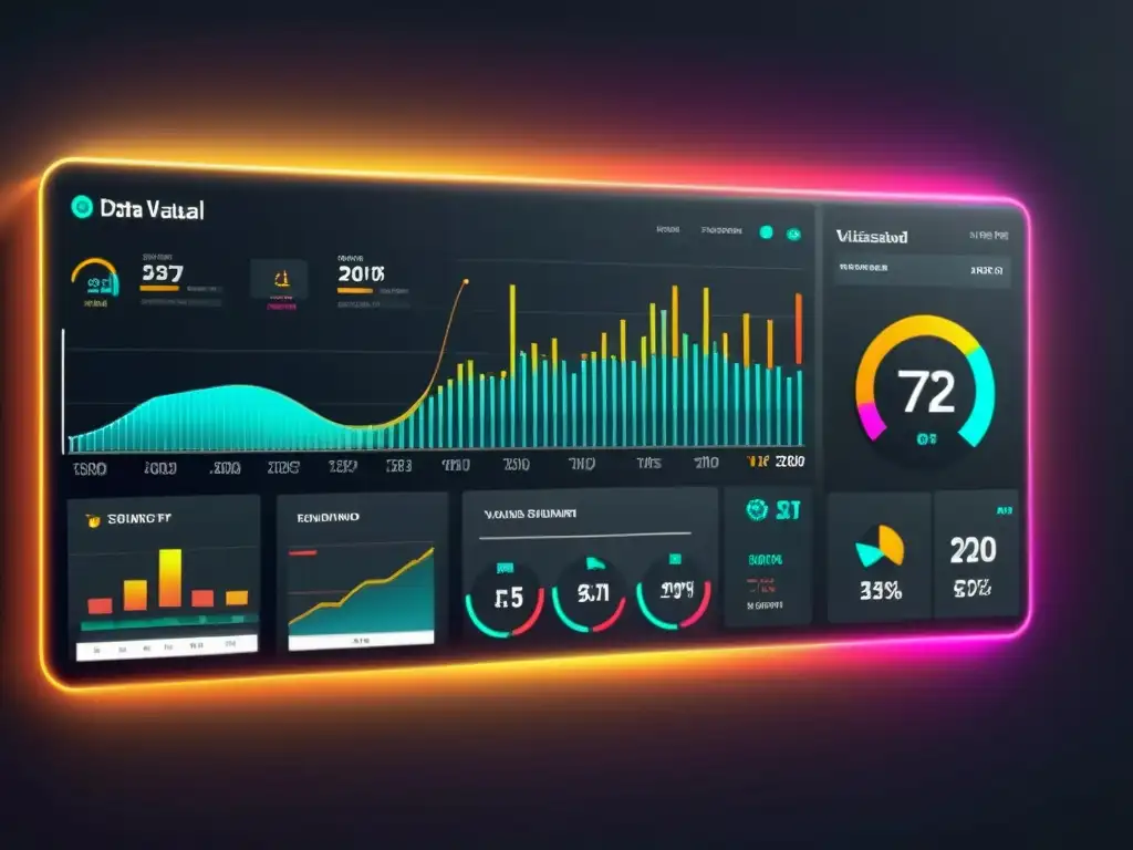 Visualización de datos en tiempo real: un panel futurista muestra gráficos dinámicos y datos en vivo en contraste con un fondo oscuro elegante