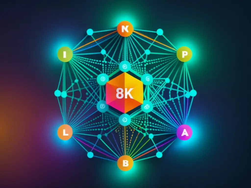 Un delicado y detallado 8k de nodos de datos interconectados, brillantes y coloridos, rodeados de patrones de código binario, simbolizando la compleja gobernanza de datos en la era del Big Data