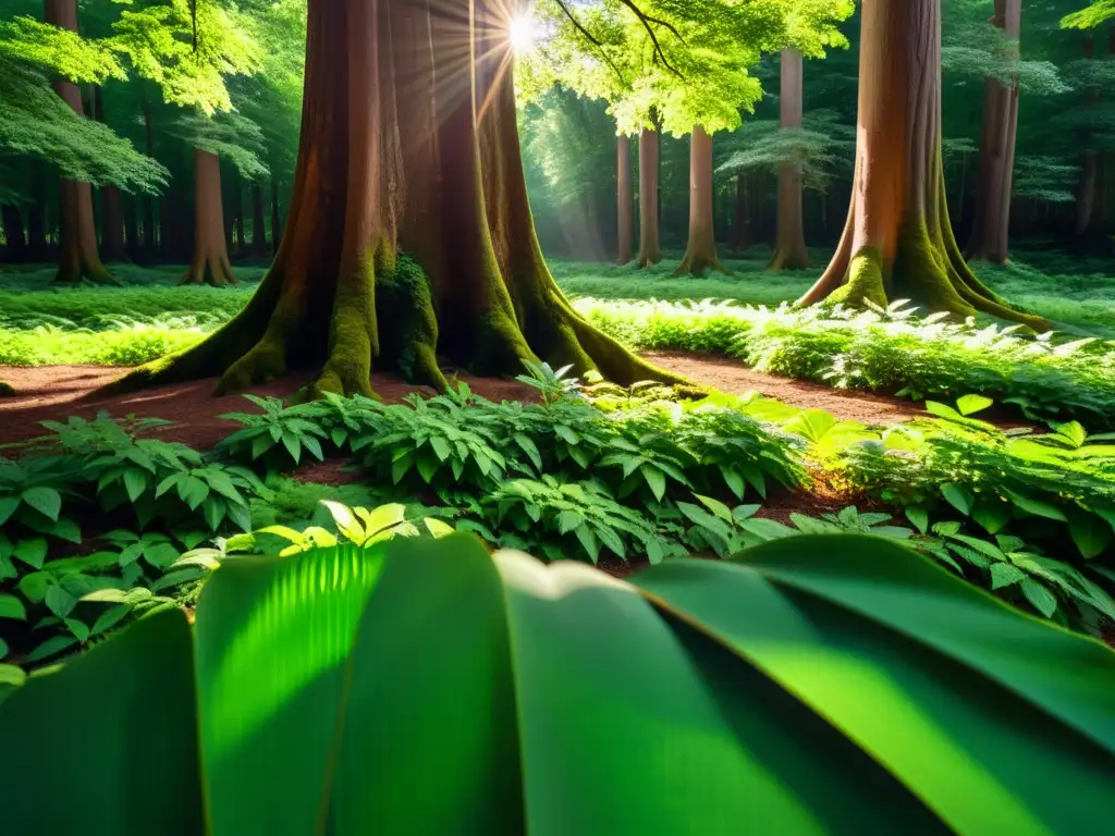 Densa vegetación verde en un bosque iluminado por el sol, creando sombras en el suelo