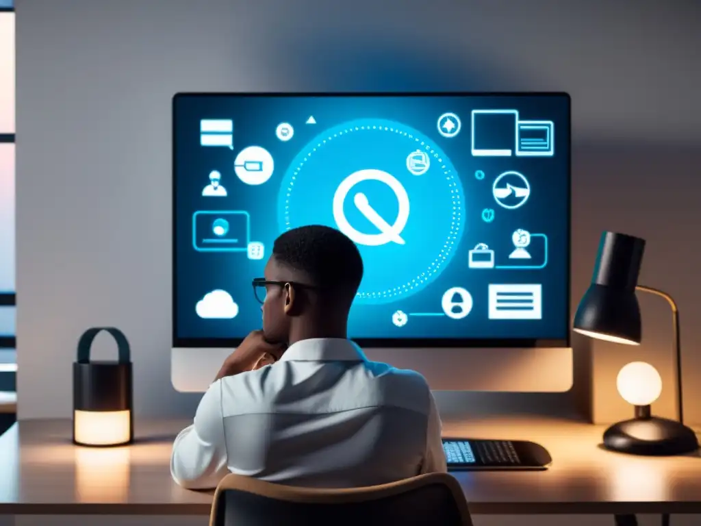 Privacidad digital: Reflexión serena en la oficina moderna Derechos de privacidad digital usuarios: persona reflexiva en un entorno digital sereno y minimalista, rodeada de íconos de privacidad