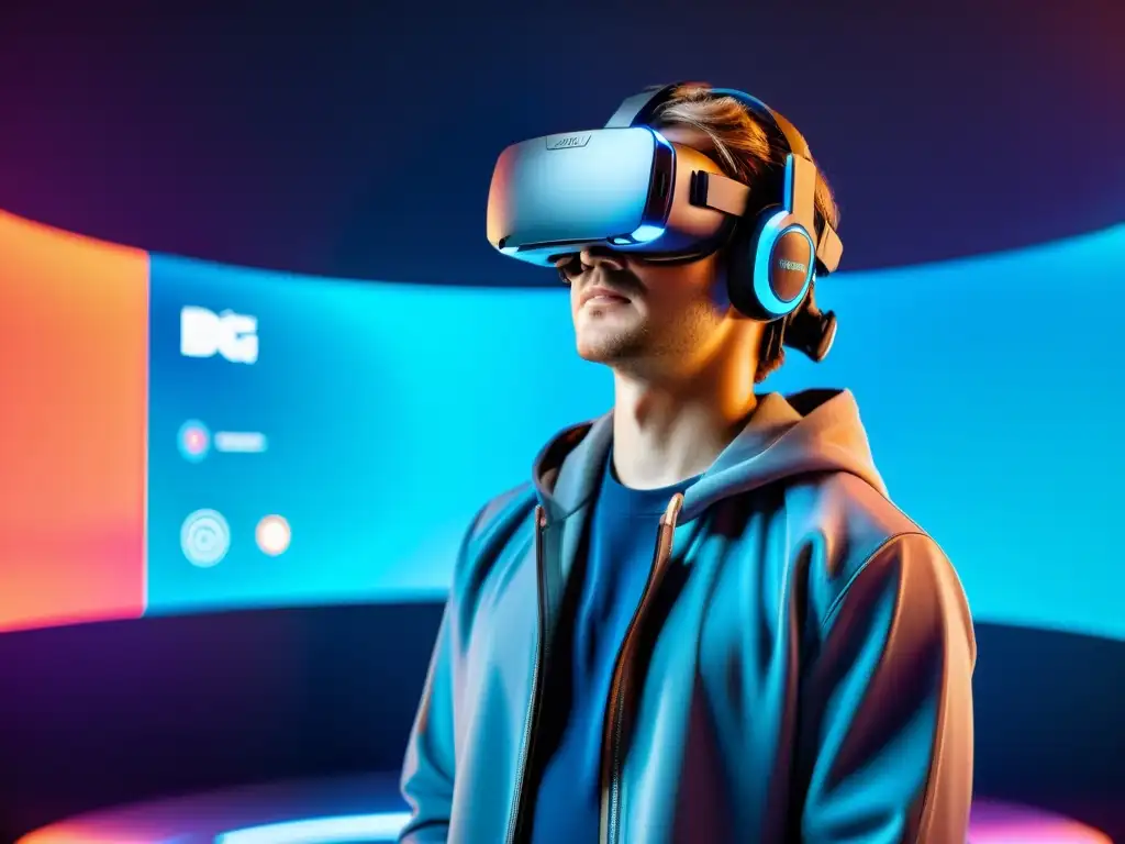 Un desarrollador de videojuegos en 5G, inmerso en realidad virtual frente a pantallas holográficas con códigos y diseños de juegos