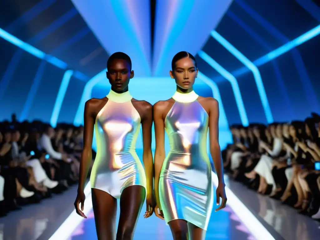 Desfile futurista con modelos holográficos en prendas de diseño IA