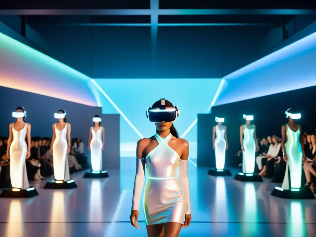 Desfile de moda futurista con modelos holográficos y audiencia virtual usando Realidad virtual en pasarelas de moda