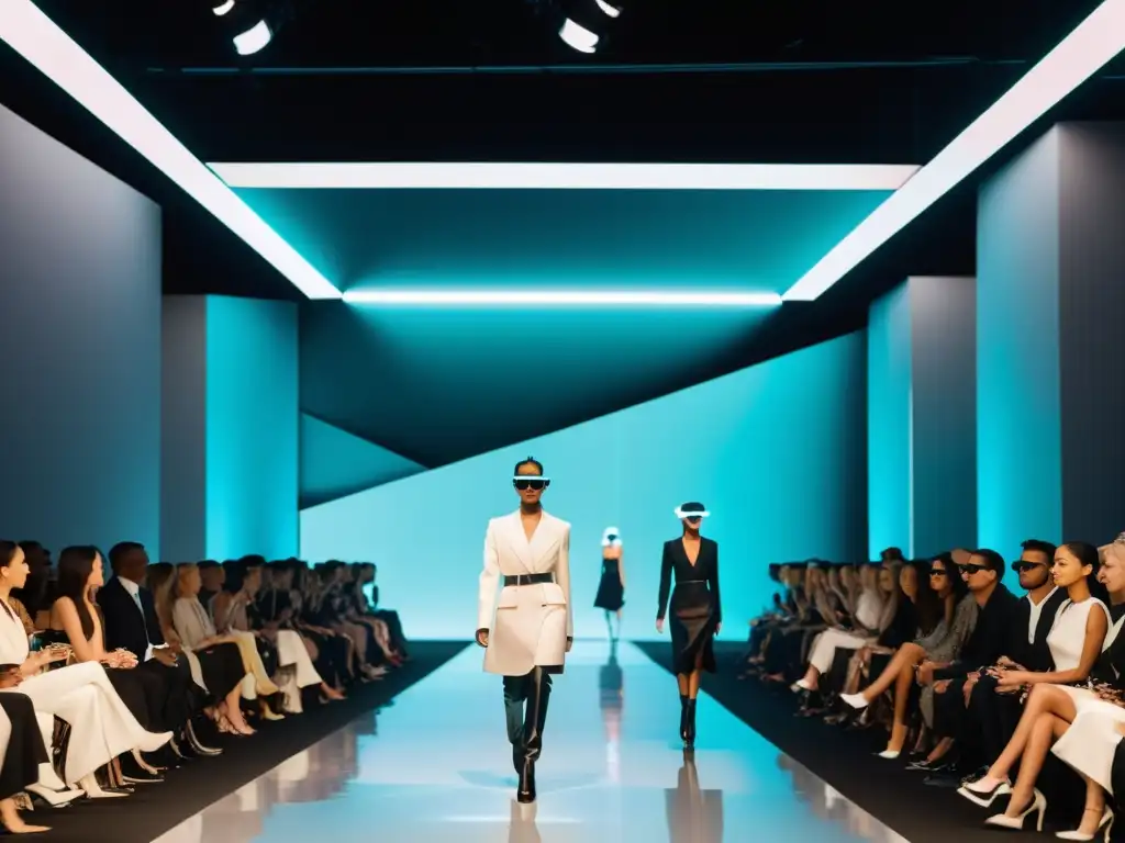 Un desfile de moda futurista con modelos usando gafas de realidad aumentada, fusionando la moda y la tecnología