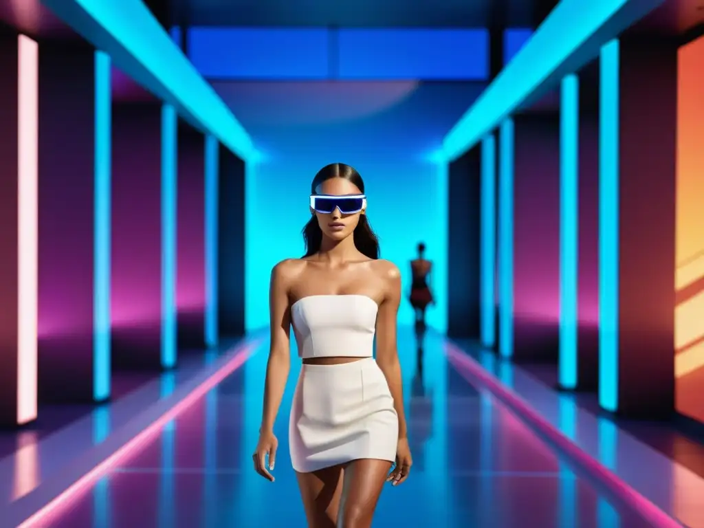 Desfile de moda futurista con modelos usando gafas de realidad aumentada en un escenario digital