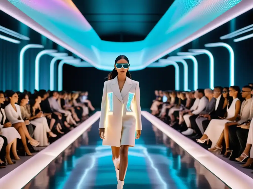 Desfile de moda futurista con proyecciones holográficas, audiencia con gafas de AR, destacando la evolución de la realidad aumentada en diseño de moda