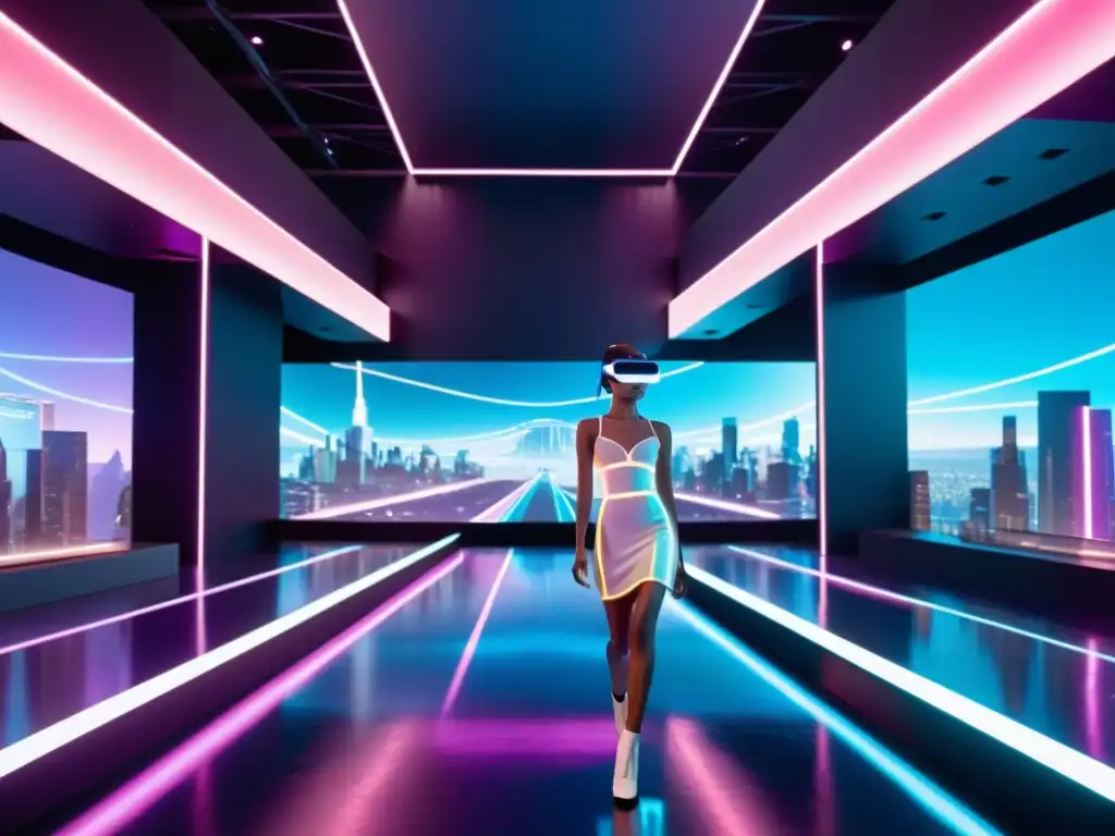 Desfile de moda futurista en realidad virtual, con modelos holográficos y diseño vanguardista en un entorno inmersivo y etéreo