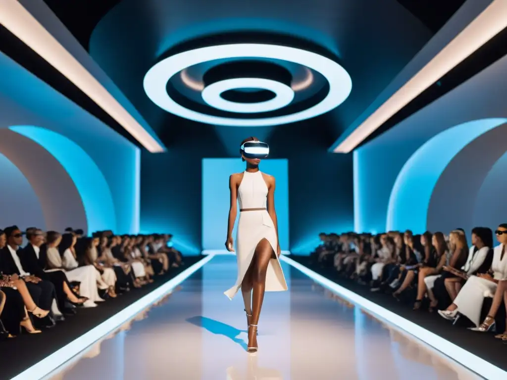 Desfile de moda futurista con Realidad Aumentada en diseño de moda, mezclando alta tecnología y elegancia vanguardista