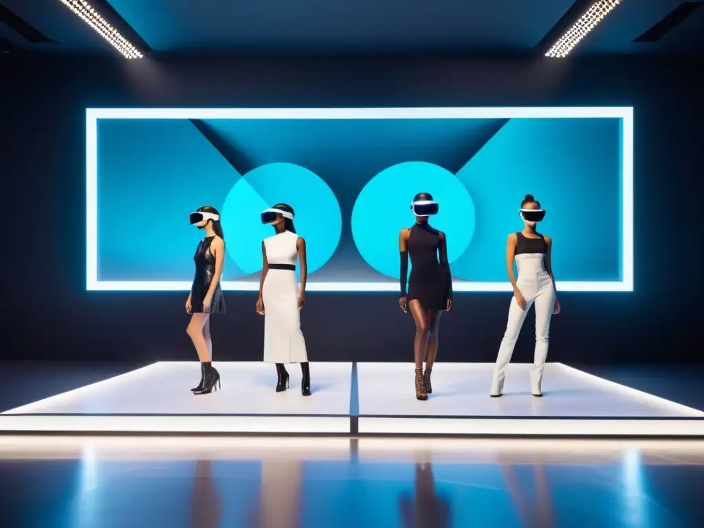 Desfile de moda futurista con tecnologías de Realidad Aumentada en un ambiente vanguardista y minimalista