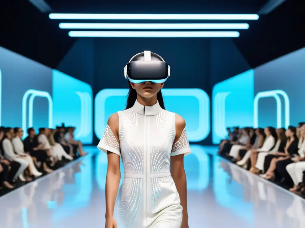 Desfile de moda en realidad aumentada con hologramas de prendas futuristas y audiencia con visores de VR, fusionando mundos digitales y físicos